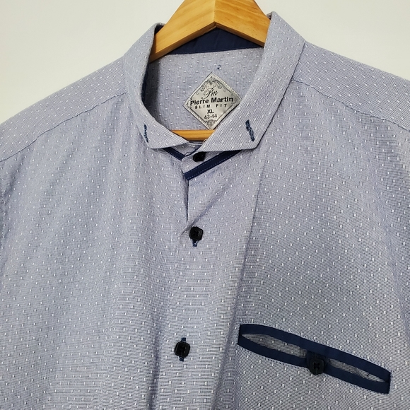 Men Blue Button Down Casual Shirt Short Sleeve Size XL 43-44 Classic Side Pocket - Picture 2 of 7
